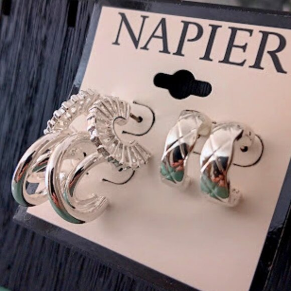 Napier Jewelry - NAPIER 3pc Contemporary Silver Criss Cross/Cutout/Quilted Texture Hoop Earrings